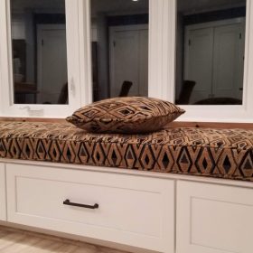 Upholstered bench seat, durable comfortable and wow factor for the kitchen dining area