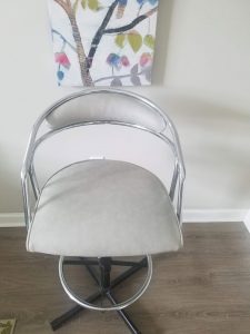 This chrome kitchen stool is from the sixties. Mid-century restoration and reupholstering are becoming trendy things to do as more people acquire these pieces from their relatives.