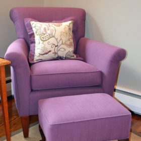 purple reupholstered chair and stool