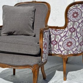 gray antique chair with patterned back reupholstered