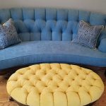 antique sofa reupholstered in blue with yellow custom upholstered antique ottoman